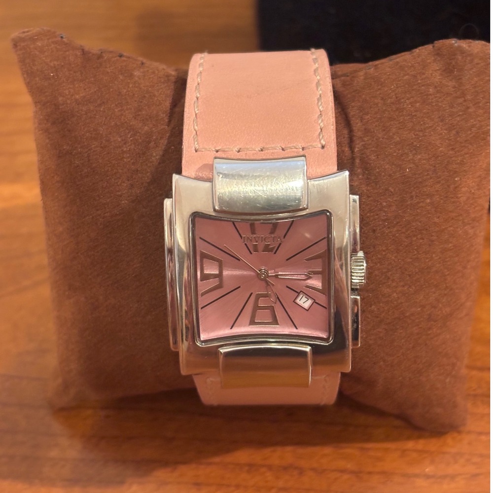 Invicta 2317 Womens Square Pink Dial Stainless Steel Leather Watch